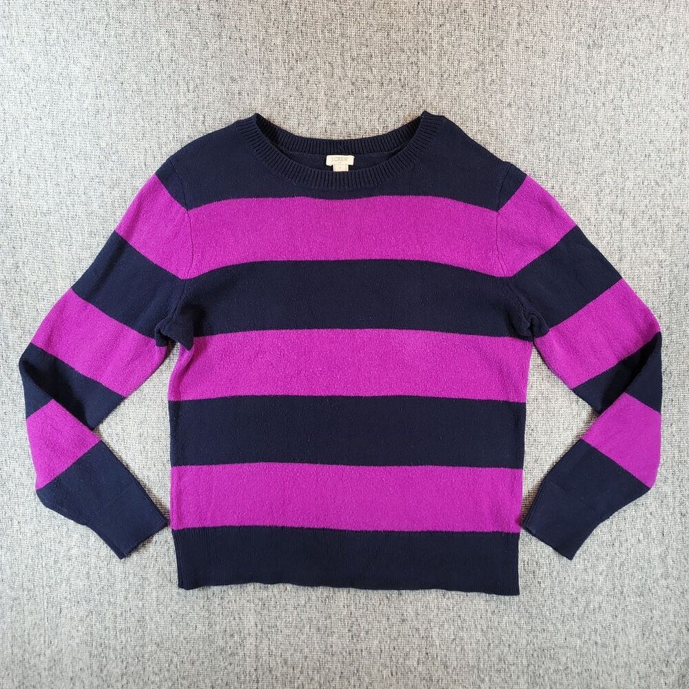 J Crew Cotton Wool Blend Sweater Womens Large L Striped Navy Purple Pink Knit